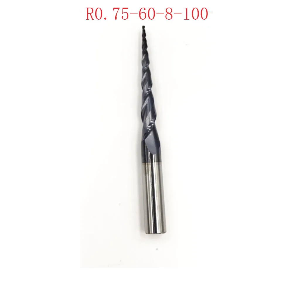 

R0.75*D8*60*100L*2F HRC55 Tungsten solid carbide Coated Tapered Ball Nose End Mills CNC milling cutters