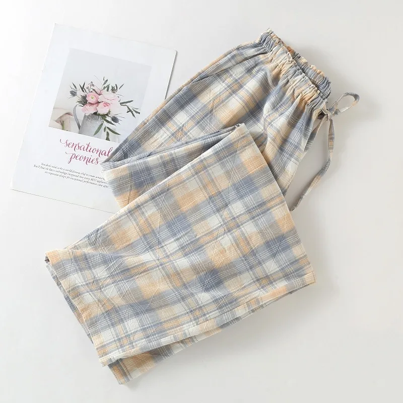 Pantaloni da pigiama da donna a quadri in cotone, pantaloni da casa comodi, traspiranti e morbidi, gamba dritta, pantaloni da notte alla moda_voghion.com