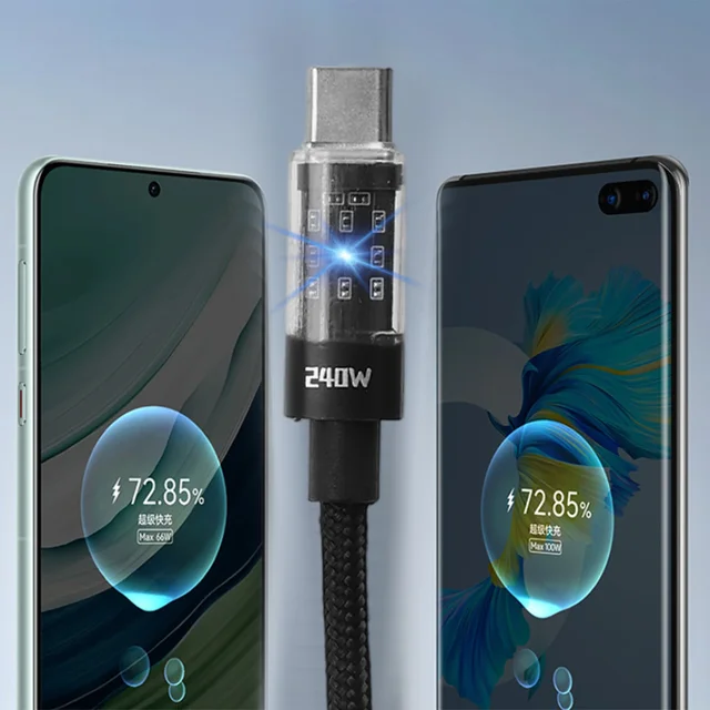 Cable de carga súper rápido USB tipo C de nailon de 240W para Samsung, Xiaomi, Huawei, Honor, pantalla Digital LED, Cable de datos del cargador USB C 4