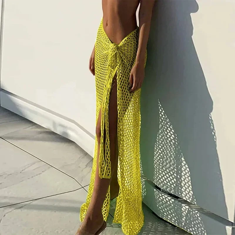 2024 New Croche Beach Cover Up Sexy See Through Dress for Women Knit Long Skirts Mesh Hollow Out Through Wrap White Midi Skirt