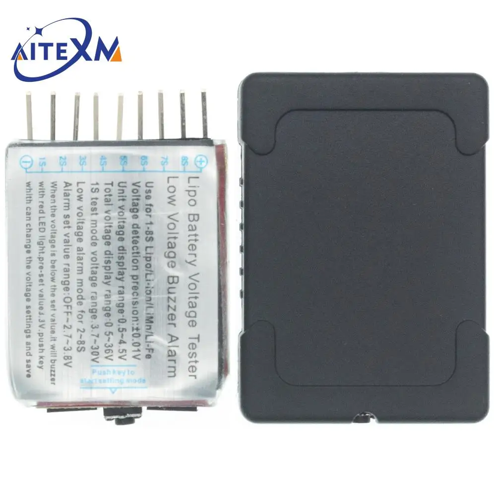 Alarme basse tension réglable sur le testeur de batterie lithium 1-8S 2 en 1, avec boutons de réglage et indicateurs lumineux