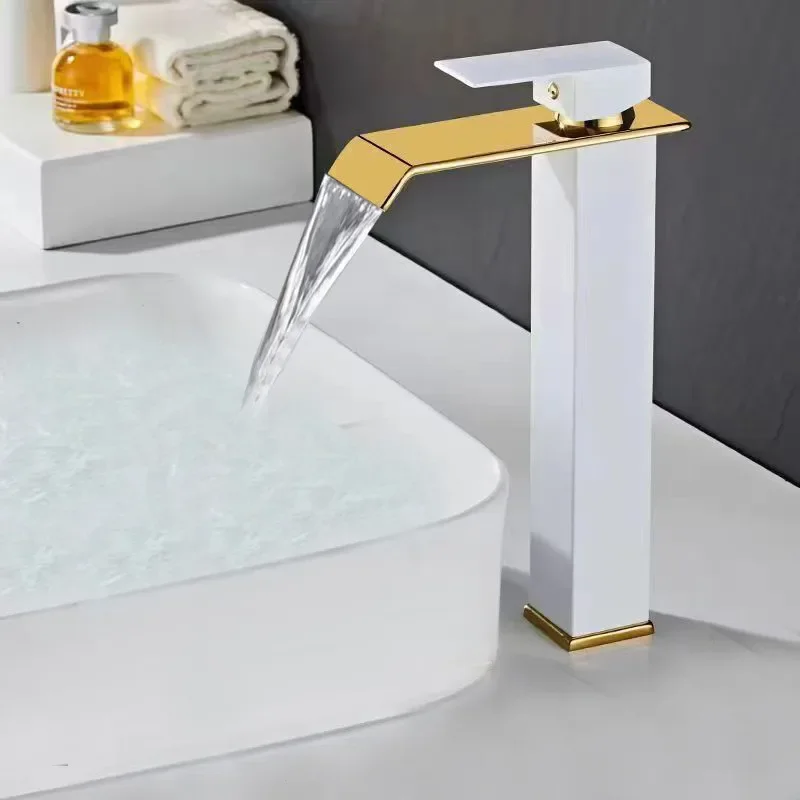 Gold and white Bathroom Faucet Waterfall Basin  Mixer Tap Hot and Cold Sink faucet