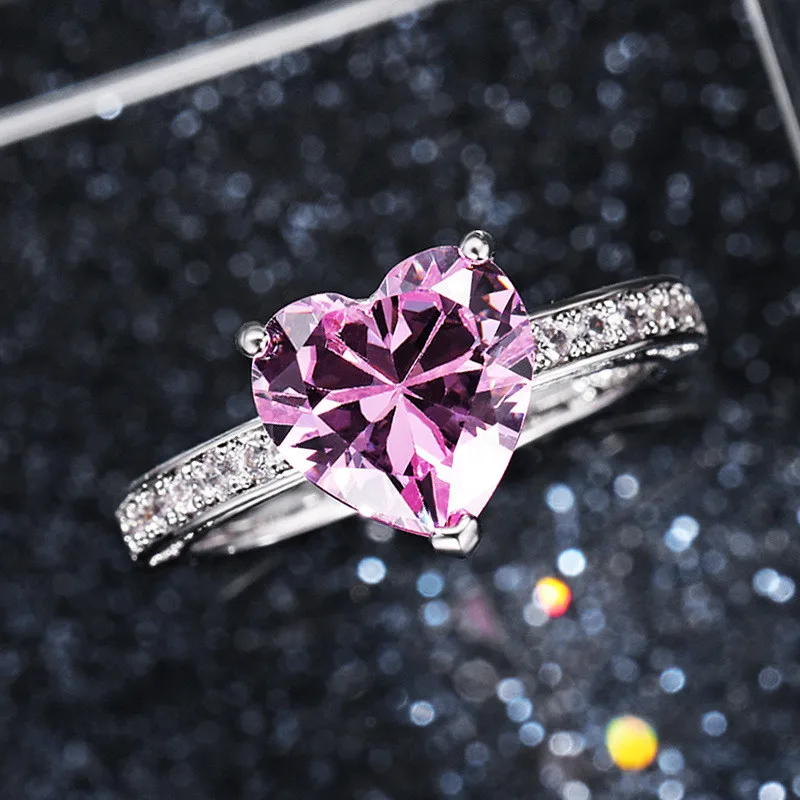 925 Sterling Silver Pink Heart Rings Women Brilliant Cubic Zirconia Bridal Wedding Party Rings Simple Stylish Female Accessories silver heart ring silver rings silver ring wedding rings