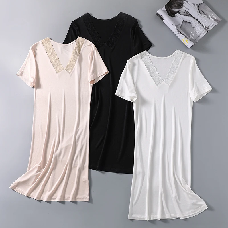 

Summer Knitted Silk V-neck Lace Nightdress Mulberry Silk Sexy Bottomed Suspender Skirt Short Sleeve Breathable