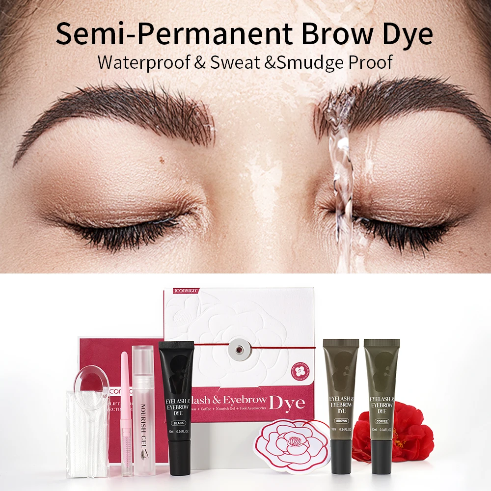 ICONSIGN Natural Vegan Brow Tint Kit 3 in 1 Camellia Extract Gentle Long Lasting No Need Mixing Easy Use Eyelash&Eyebrow Dye Set