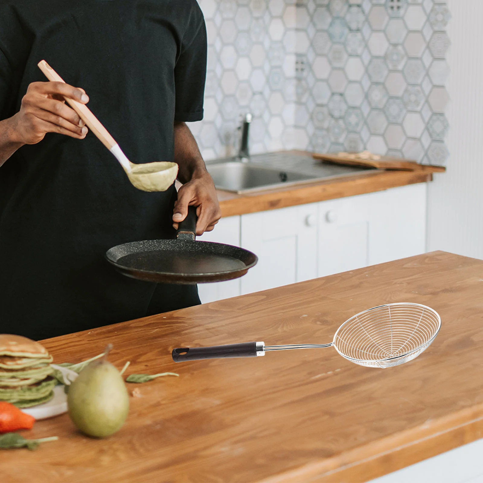 

Net Leak Stainless Steel Skimmer Spider Ladle Noodle Kitchen Wood Spoon Cooking