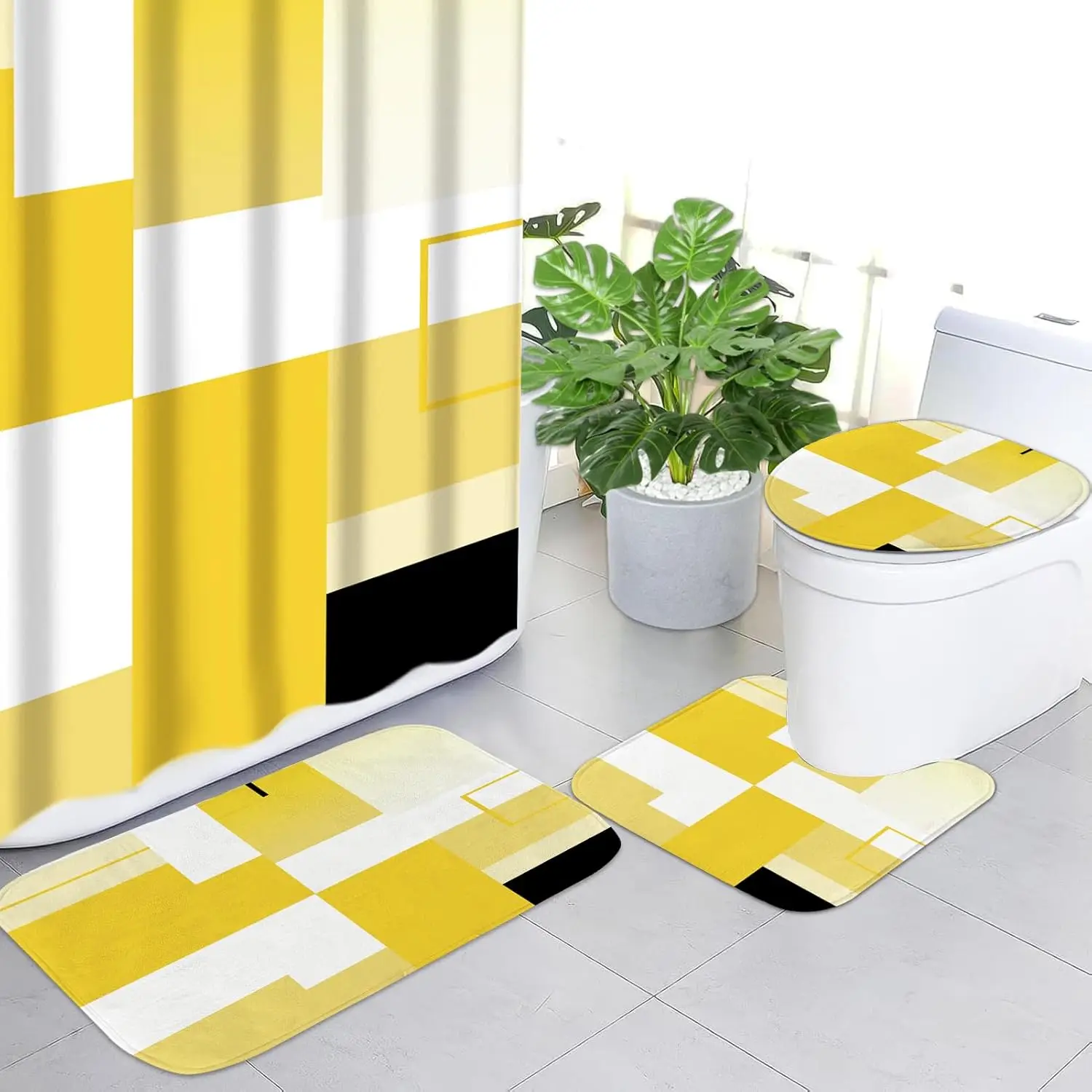 Set Bagno 4 Pezzi Geometrico Giallo - Tenda Doccia, Tappeti E Copriwater, Con 12 Ganci, Moderno