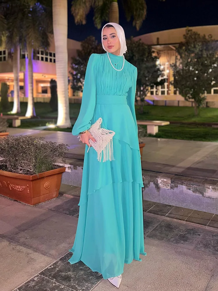 

Aenyrst Saudi Arabian Muslim A-line Prom Dress Women's High Neck Chiffon Party Evening Gown Floor Length Formal Occasion Dresses