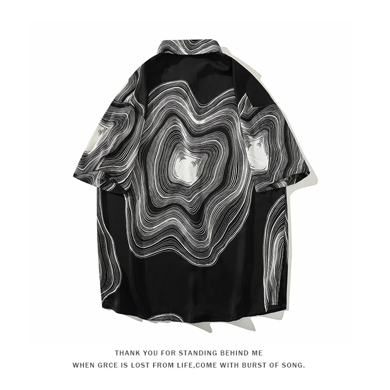 Summer Short Sleeve Shirt Men Fashion Retro Print Shirt Men Streetwear Loose Black White Ice Silk Mens Large Sizes M-5XL casual short sleeved shirt short sleeved shirt