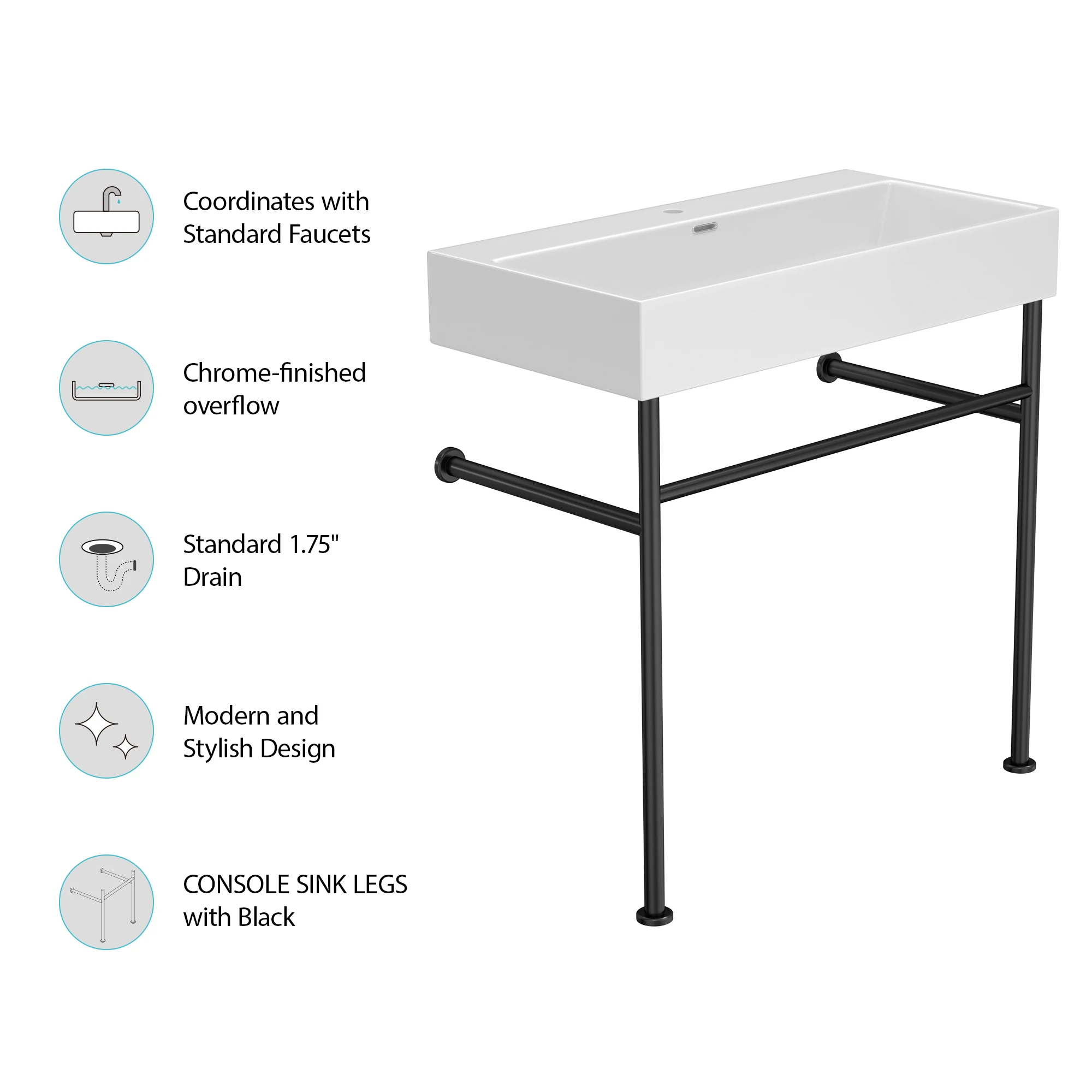 30" Bathroom Console Sink with Overflow,Ceramic Console Sink White Basin Black Legs images - 6