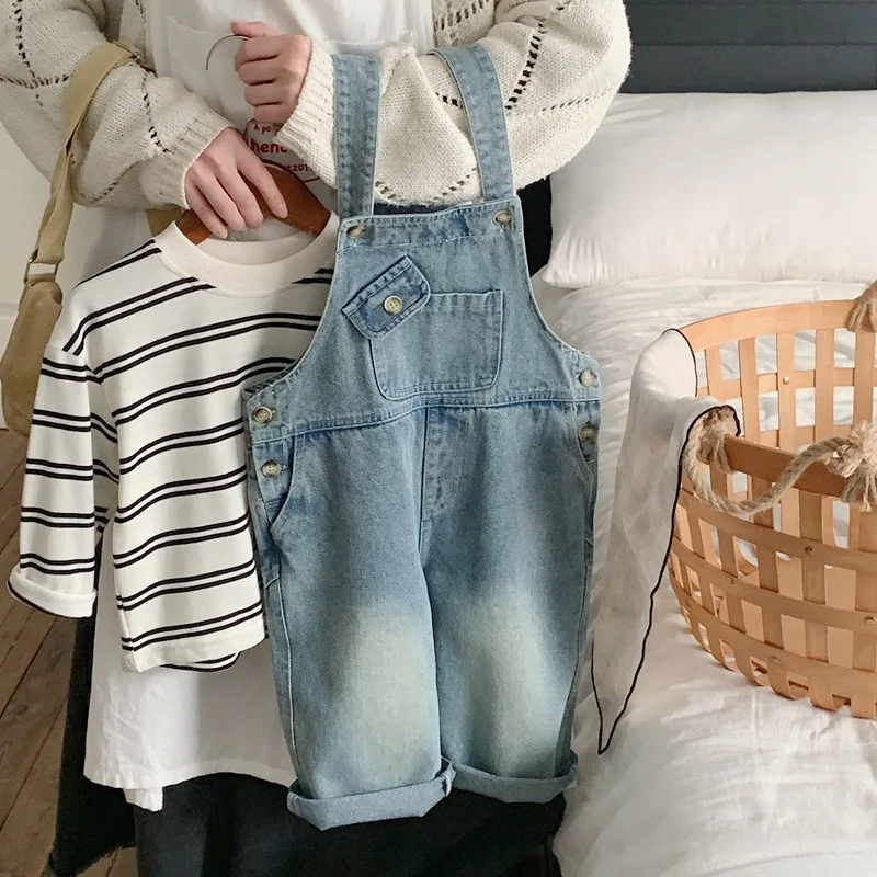 Overalls Children's Denim Strap Pants Spring Autumn Korean Girls' Casual Loose Suspender Trousers Boys' Pocket Jumpsuit