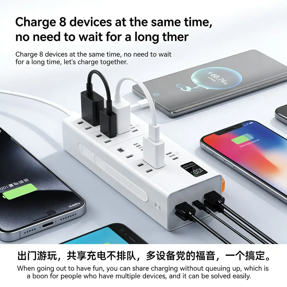 내장 케이블 4개 포함, 50000mAh 대용량 휴대용 보조배터리(디지털 디스플레이, 멀티 디바이스 호환)