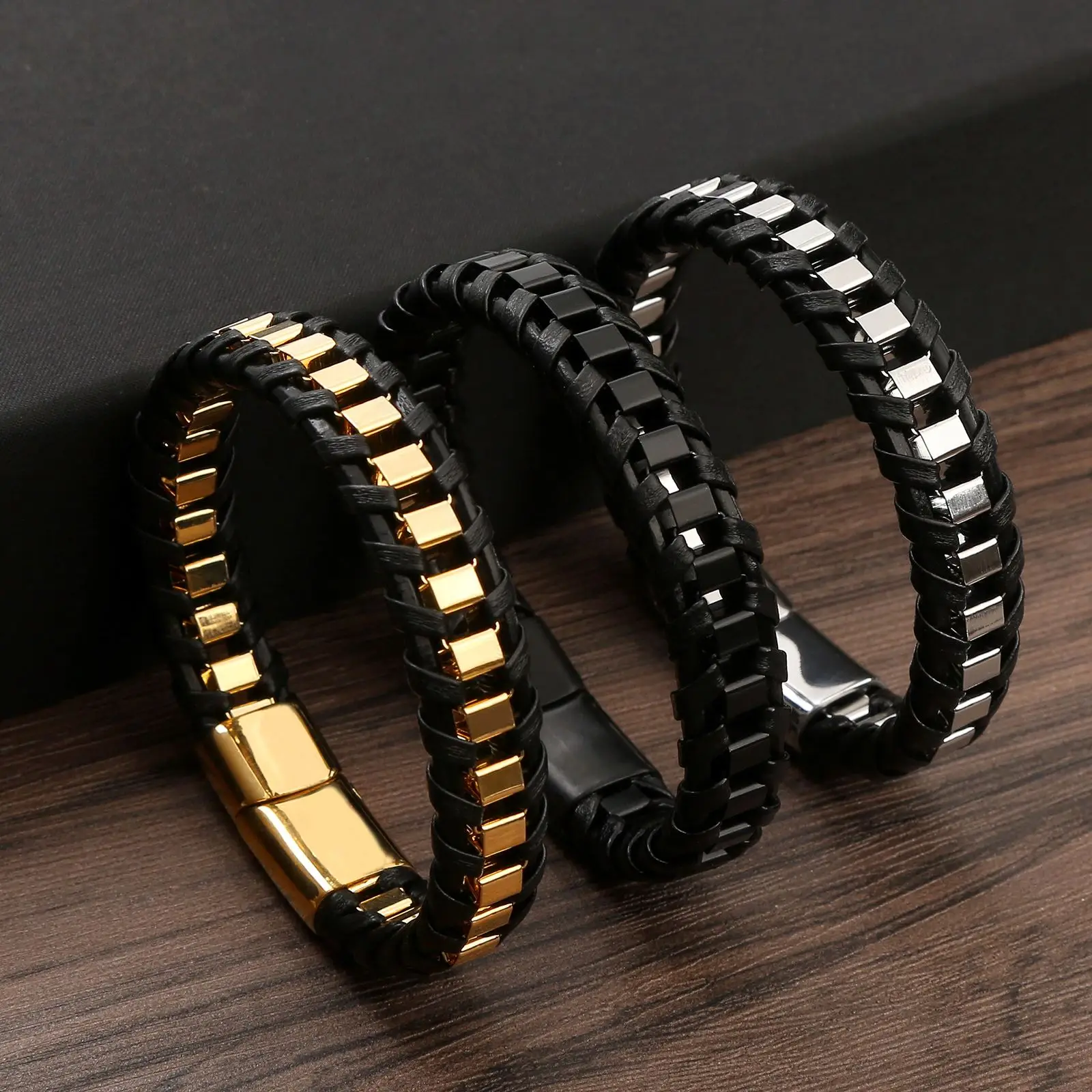 Classic Hand Woven Stainless Steel Leather Bracelets For Men Gold Black Color Charming Jewelry Punk Hip-Hop Bracelets Gift