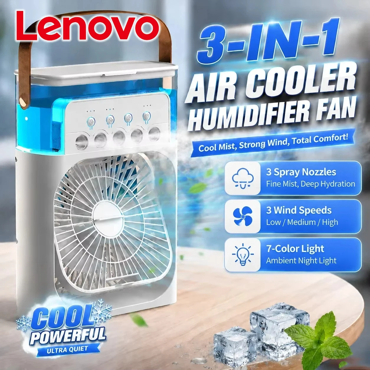 Lenovo Air Conditioner Ice Fan Mini USB Portable Air Cooler Humidifier Water Mist Spray LED Night Light Desktop Cooling Fan 2
