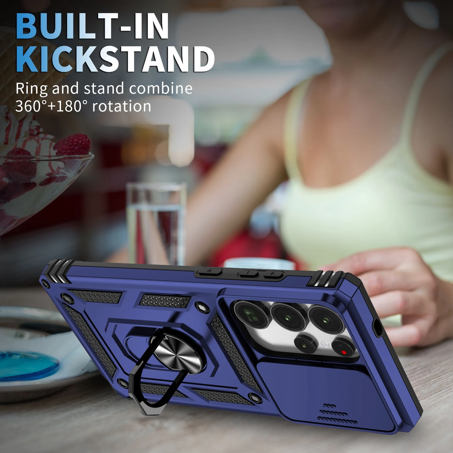 Protective Case with Slide Lens Cover and Rotating Ring Stand