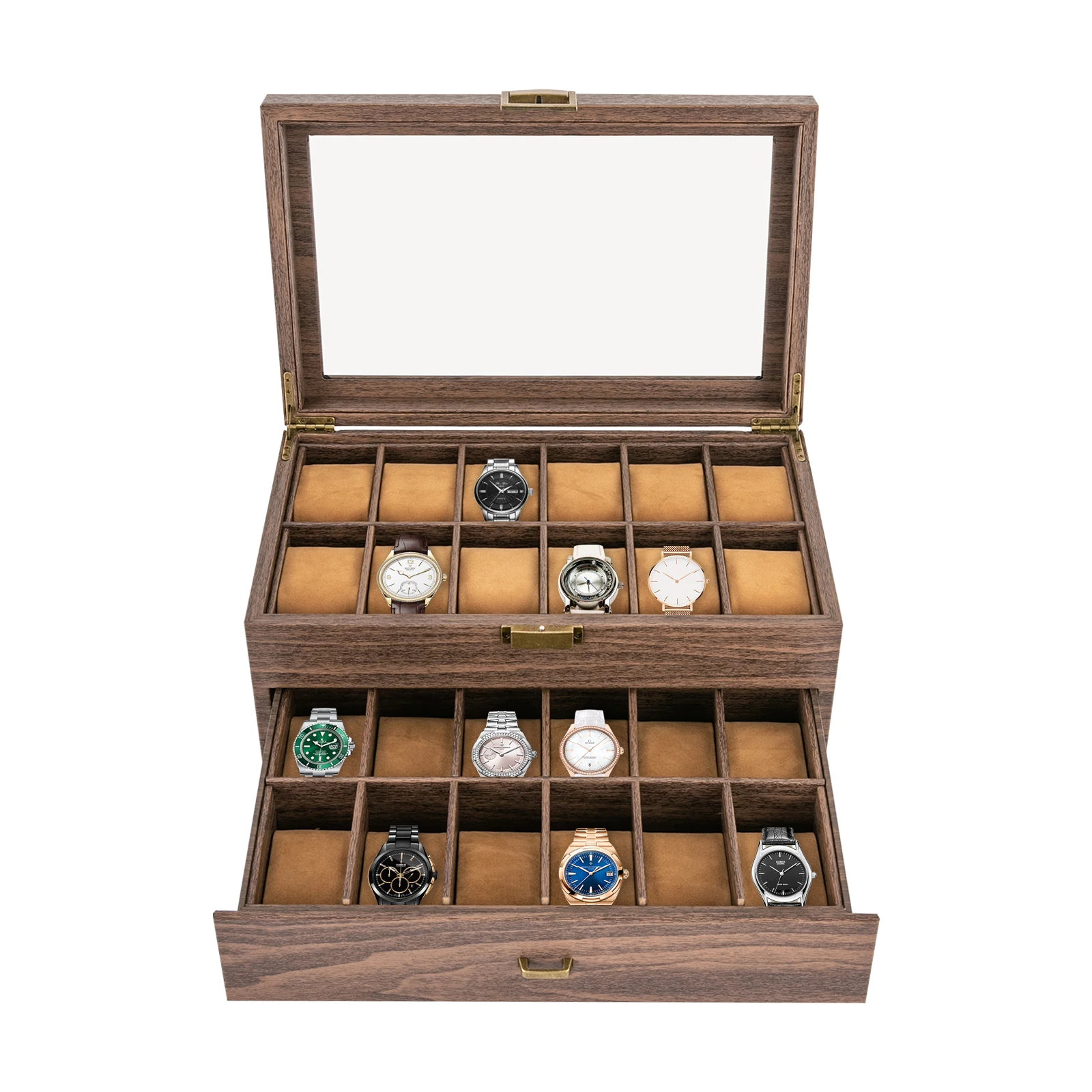 Luxury 24-Compartment PU Leather Watch and Jewelry Organizer with Glass Lid and Soft Pi... - SKU JO000945 - UGI Packaging