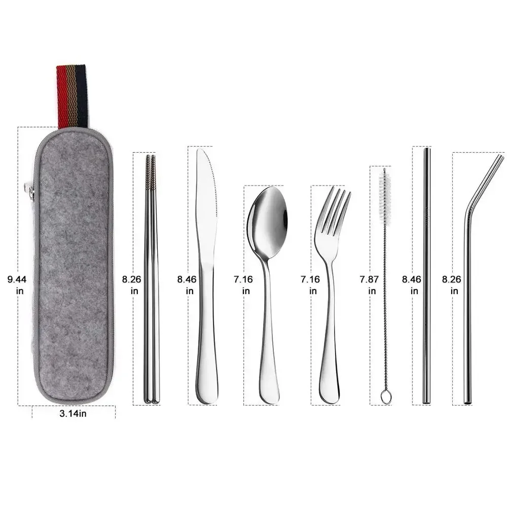 Cutlery Set 8Pcs/set Reusable Travel Stainless Steel Spoon Fork Chopsticks Straw Portable Case