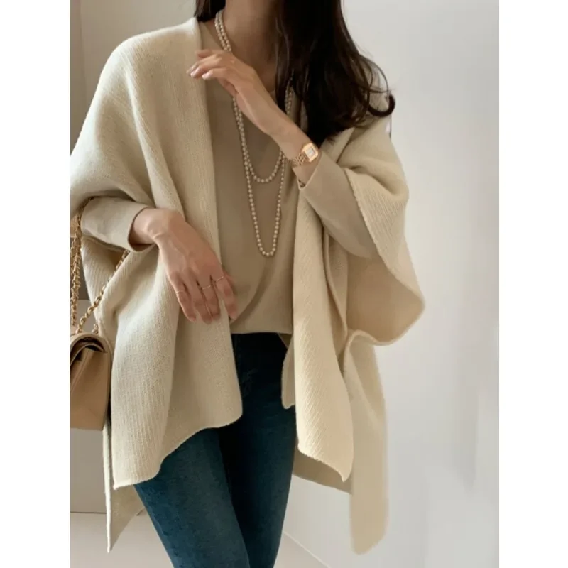 Women's Fashion New Solid Color Shawl Knitted Sweater Casual Warm Cardigan Cloak Elegant Knitted Women's Office Jacket
