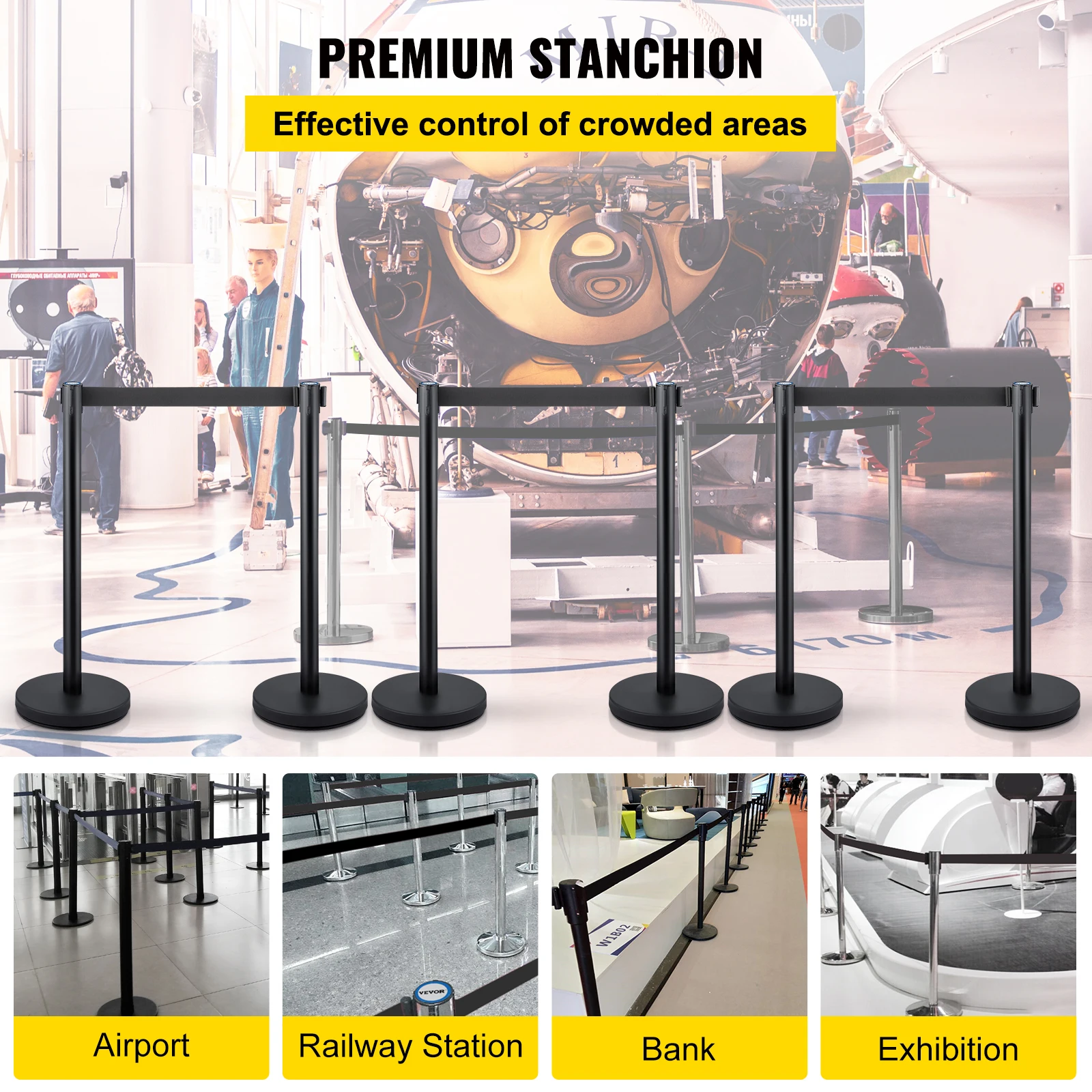 VEVOR Crowd Control Stanchions 6-Pack 3PCS 6.6 ft Retractable Belt Stanchion Posts Queue Pole Crowd Control Barriers