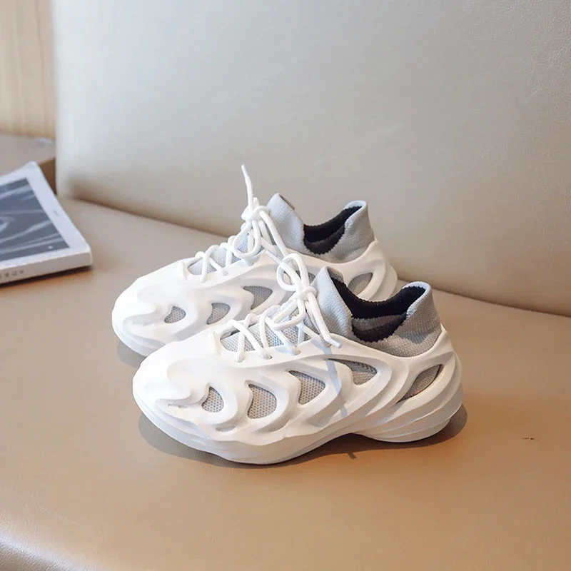 어린이용 레이스 업 니트 우븐 신발, 소년 소녀 컬러 패치워크 캐주얼 스니커즈..