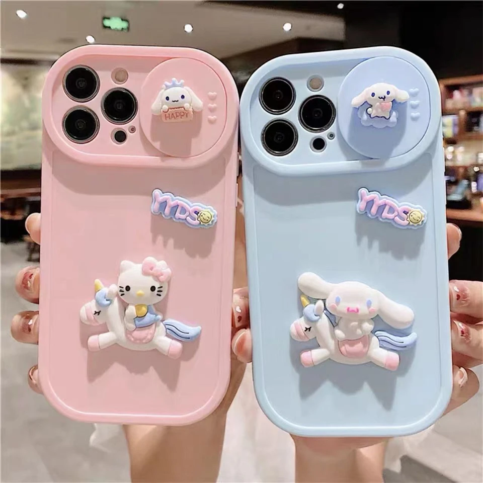 

Original Sanrio 3D Hello kitty Sliding Camera Protection Case For iPhone 15 14 13 12 11 Pro Max Plus X XR Unicorn Full Cover Y2k