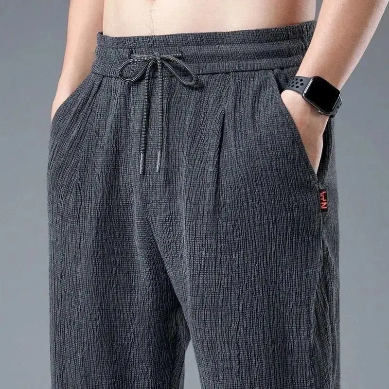 Male Motion Trousers Ice Shreds Nine Points Flax Ultrathin Breathable Loose Fitting Straight Cylinder Cotton  Linen Quick Drying