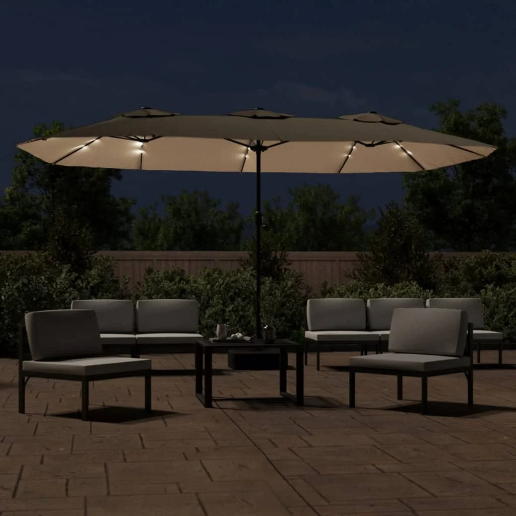 Doppelkopf-Gartenschirm mit LED-Beleuchtung in Taupe, 449x265 cm, geeignet für Terrassen, Pools und Außenbereiche. – Detail 3