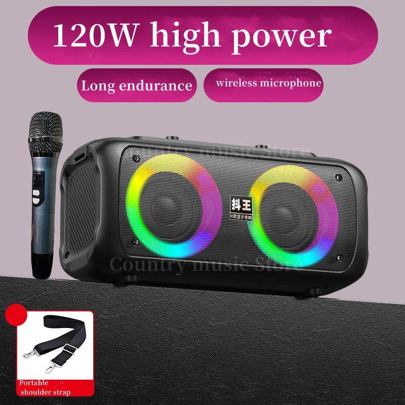 

120W high-power karaoke Bluetooth speaker color light 360 stereo outdoor portable high-volume square dance FM subwoofer with Mic