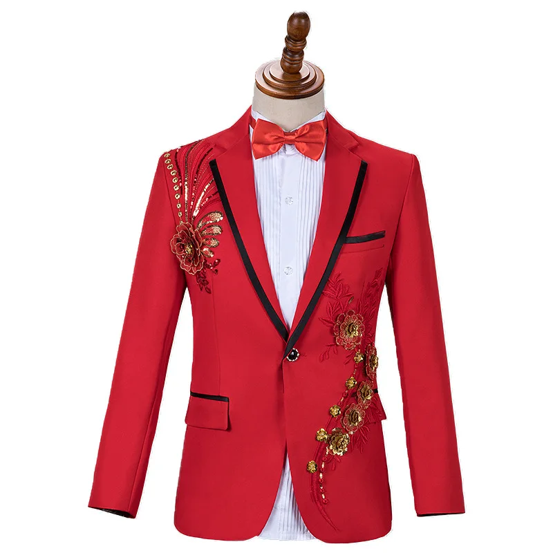 White Wedding Groom Men's Suit 2 Pieces Black One Button Sequin Embroidery Slim Fit Blazer Singer Stage Prom Chic Male Pants Set