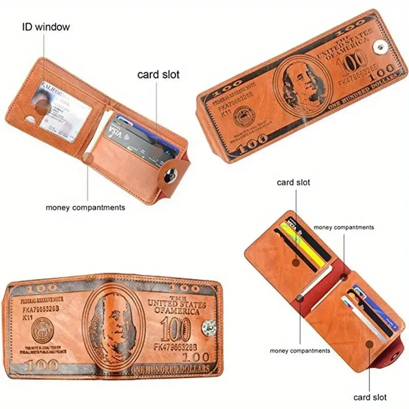 Men's Faux Leather Wallet with Unique US Dollar Bill Design - Stylish Orange Snap Closure, Credit Card & Photo Holder