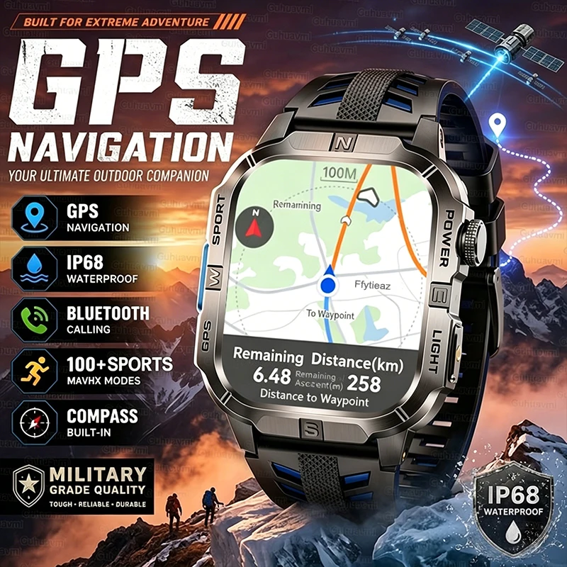 2026 New Military GPS Map Tracker Smart Watch Men Outdoor Flashlight Compass Waterproof Bracelets Heart Rate Call Sports Watches 1