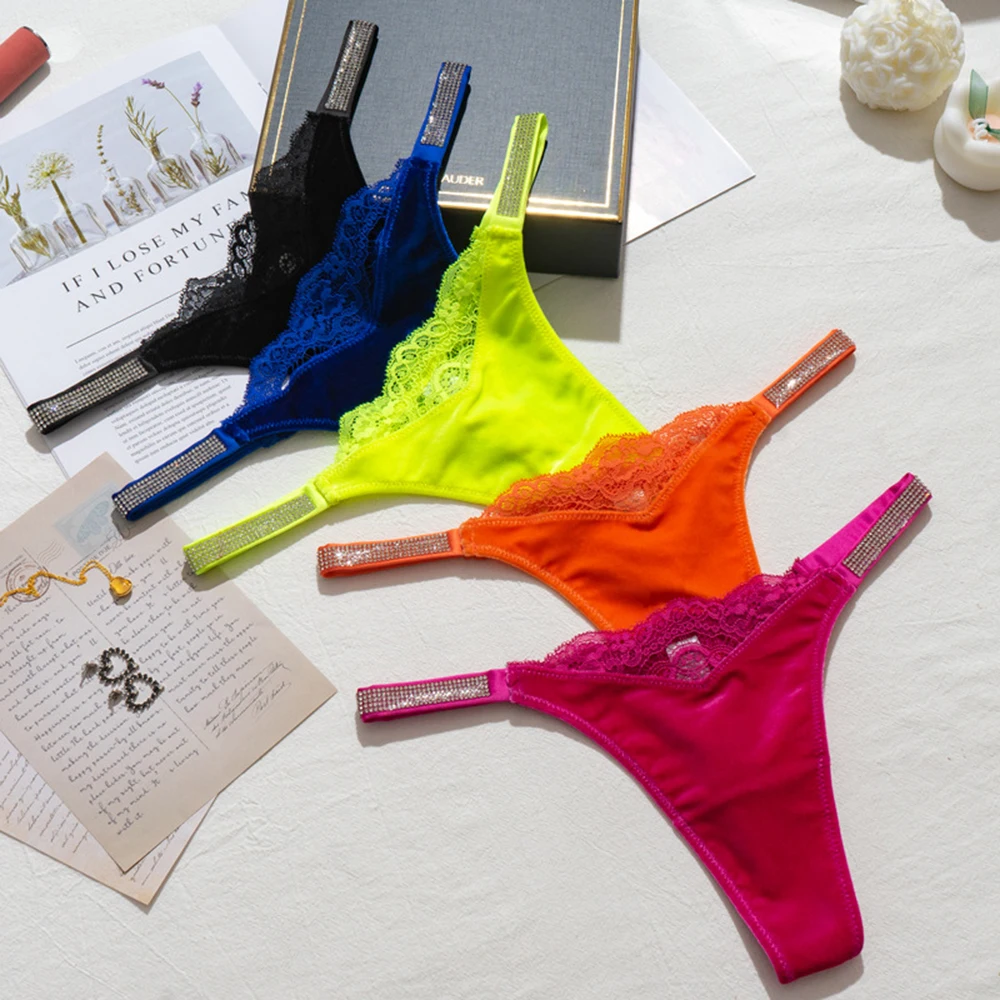 

Shiny Rhinestone Thong Women Low Waist Panties Sexy Thin Strap Bikini T-back Female Lingerie Strings Ladies Lace Underwear