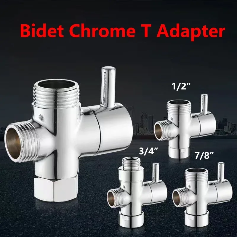 Bidet Chrome T Adapter with Shut-off Valve T Adapter 3-way 7/8" 1/2"3/4" Valve for Handheld Toilet Bidet Spray