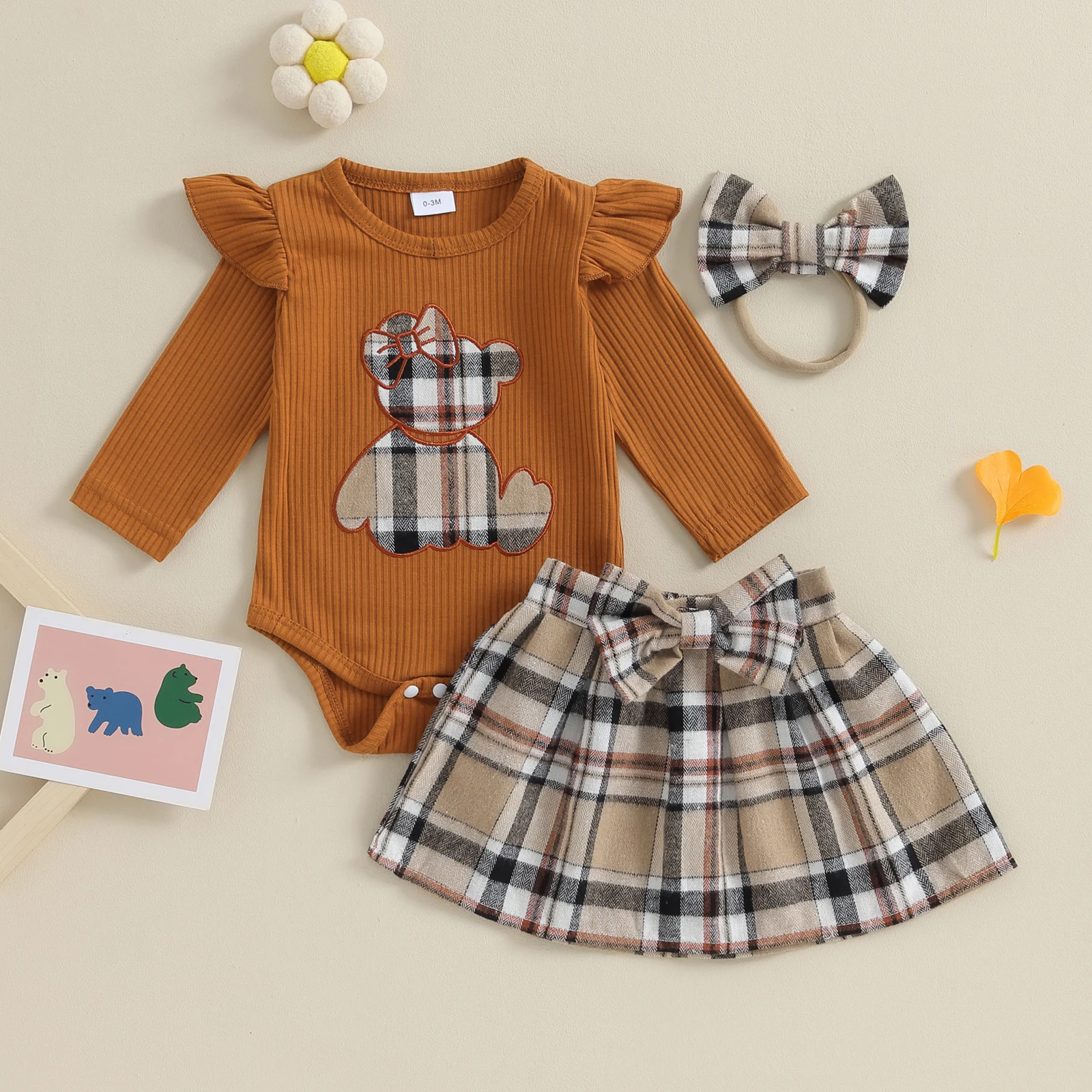 

BeQeuewll Baby Girls 3 Piece Outfit For Fall Bear Pattern Long Sleeves Romper and Plaid A-Line Skirt Cute Headband Fall Clothes
