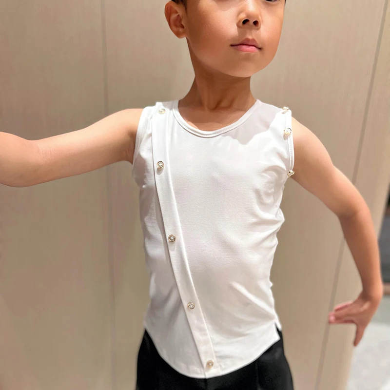 

2024 топы для латиноамериканских танцев для мальчиков, белый жилет, одежда для тренировок румбы, танго, Детские рубашки для латиноамериканских танцев, одежда для сцены DN18152