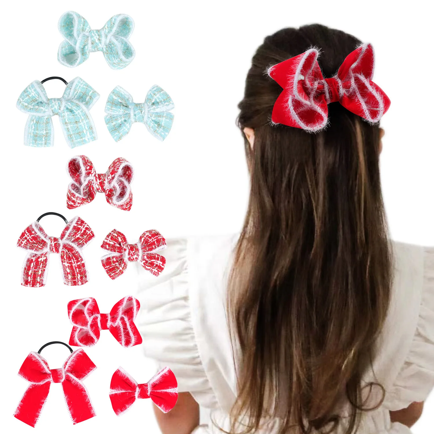 

Plaid Feather Bows Baby Girl Elastic Rubber Bands Kids New Year Hair Clips Christmas Gift For Your Honey
