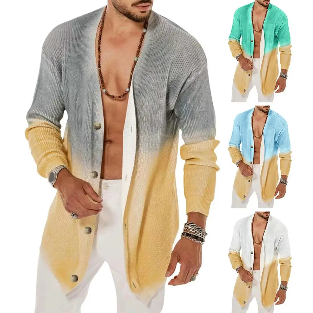 

Men Coat Gradient Contrast Color Men's Long Jacket Cardigan Stylish Single-breasted Knitted Waffle Texture For Fall Spring