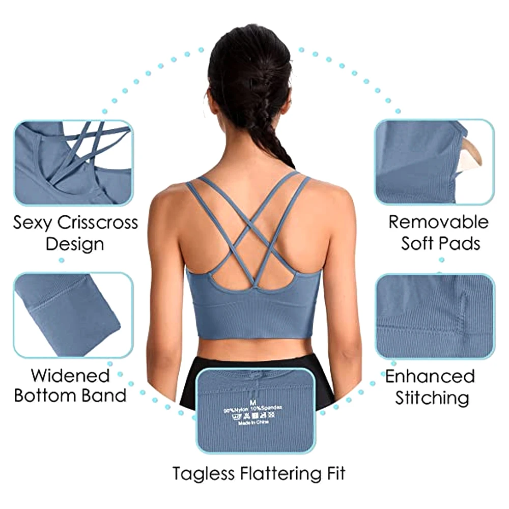 1PC Cross Back Sports Bra for Women – Padded Yoga Bralette w/Criss Cross Straps – Low Impact Workout Top for Gym,Running,Pilates