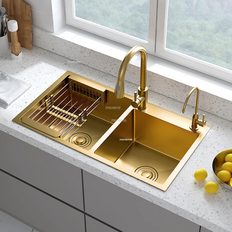 Light Luxury Kitchen Sinks Stainless Steel Home Kitchen Sink Creative Large Gold Nano Sink Handmade Double Accessories