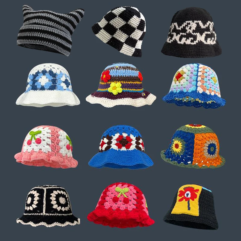 

NEW Handmade Knitted Hats Women Bucket Crochet Hats INS Y2K Fashion Four Seasons Japan Retrow Hollow Flowers Basin Caps Kawaii