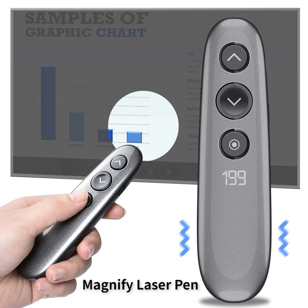

Wireless Magnify Laser Pen Presenter Highlighting Spotlight Timer LED Digital Pointer Air Mouse USB Charge demonstration clicker