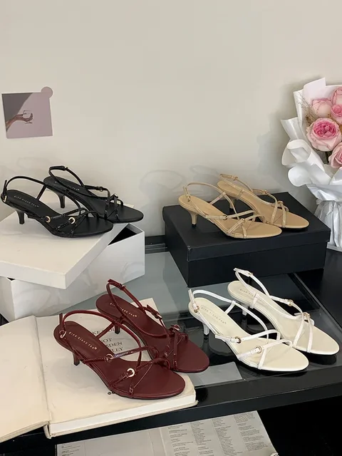 Sandalias de mujer con punta redonda a la moda, tacón medio, Color