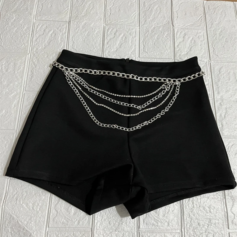 Kpop Korean Singer Jazz Dance Sexy Slim Stretch Waist Chain Shorts Women Summer Nightclub Hip Hop High Waist Tight Mini Shorts
