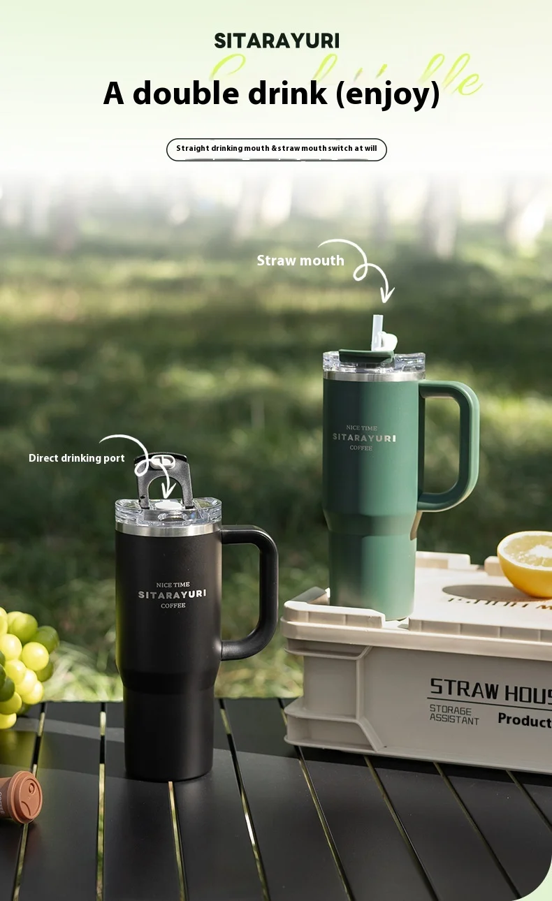 304 Stainless Steel Insulated 900Ml Thermal Coffee Car Cup Tumbler With Handle Straw