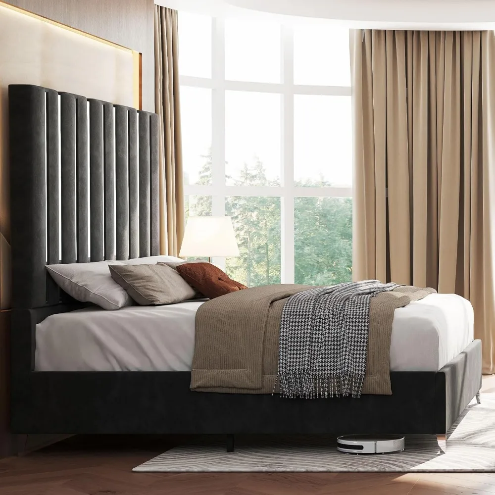 Queen Size Bed Frame with Headboard,Velvet Upholstered Bed Frame with Silver Plating Trim,Sturdy Platform Beds No Box Spring 3