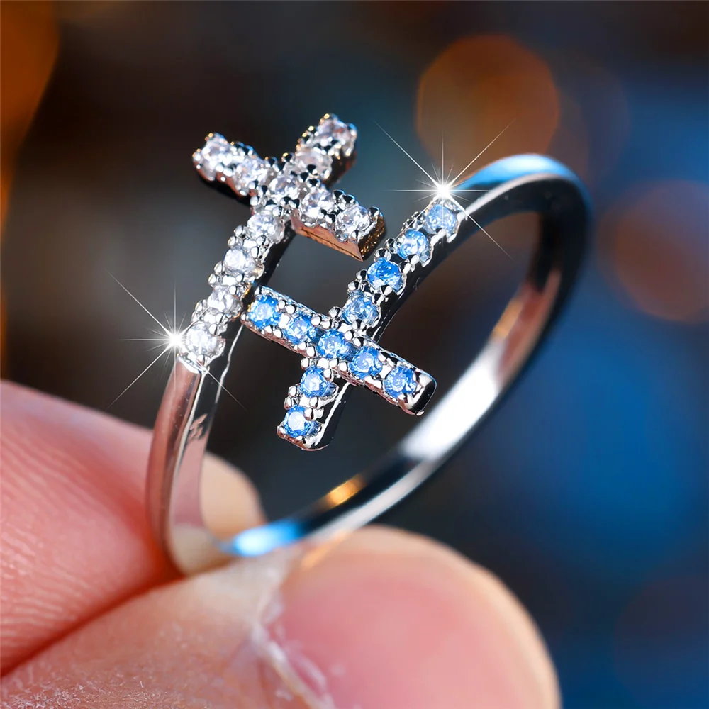 Cute Female Light Blue Zircon Stone Cross Adjustable Ring Luxury Silver Color Open Wedding Jewelry For Women