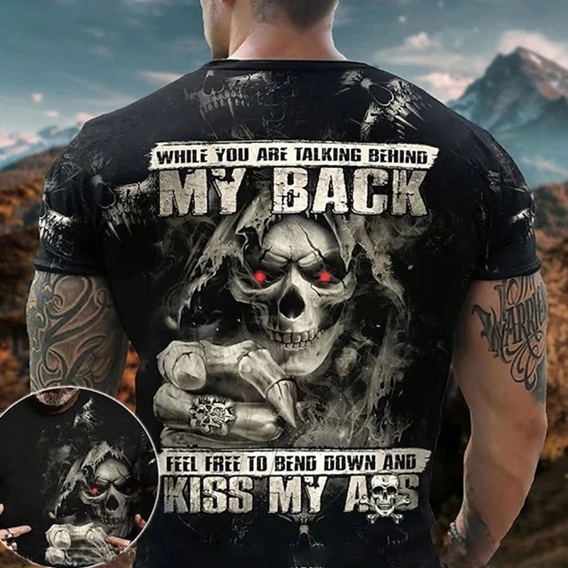 

Винтажная темная Стильная мужская футболка, Классическая уличная футболка с 3d принтом черепа и надписью ужасов, Мужская одежда, топы с коротким рукавом