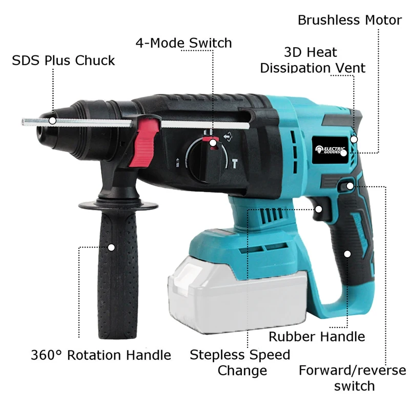 Electric Hammer Drill Electric Goddess Cordless Electric Impact Drill Hammer Multifunctional Rotary Pick 26mm for Makita 18V Battery