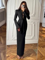 Sisterlinda Office Style Dress Women Shoulder Padded Zip Wrapped Bandage Full Sleeve Splits Elegant Solid Simple Long Bodycon - Image 4