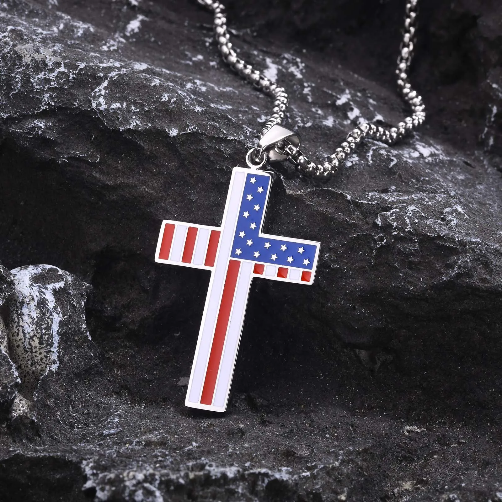 Mprainbow amerikanische Flagge Kreuz Anhänger Halsketten für Männer Jungen, Edelstahl hochwertige Halsketten, USA unabhängiges Tages geschenk